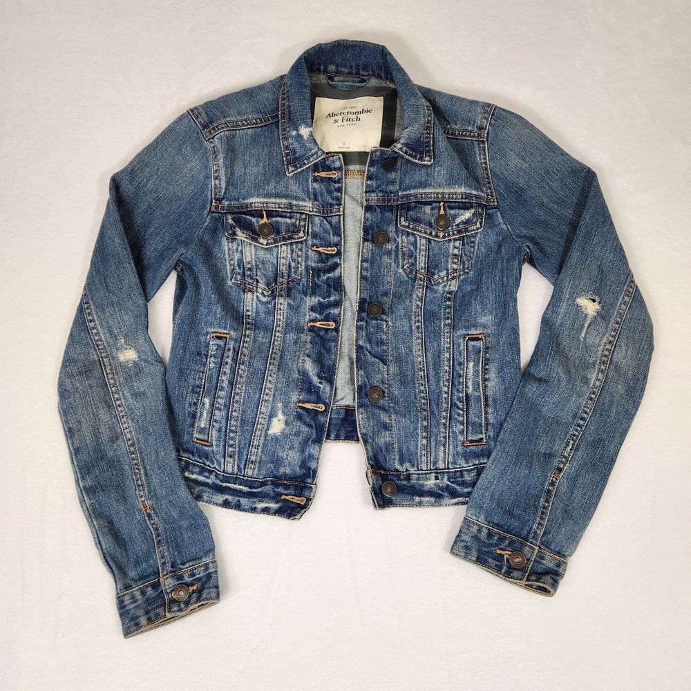 Abercrombie & Fitch Womens Distressed Denim Jacket Medium Wash Blue Size S